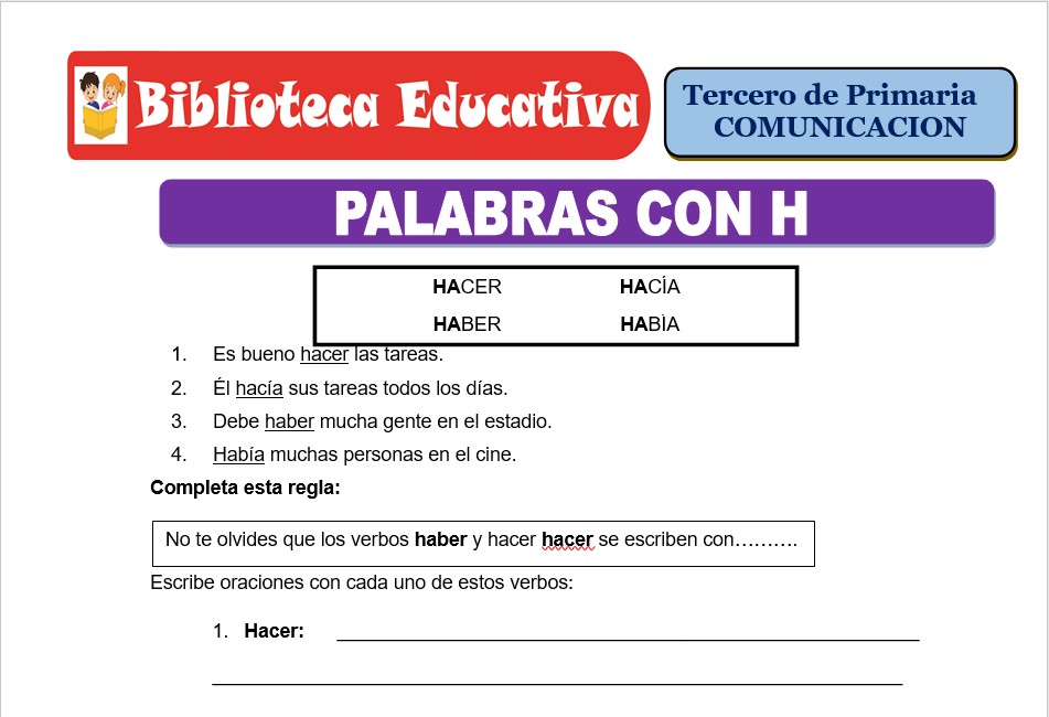 Modelo de la Ficha de Palabras con H para Tercero de Primaria