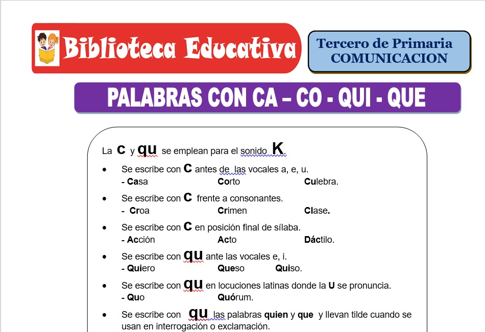 Modelo de la Ficha de Palabras con ca – co - qui - que para Tercero de Primaria