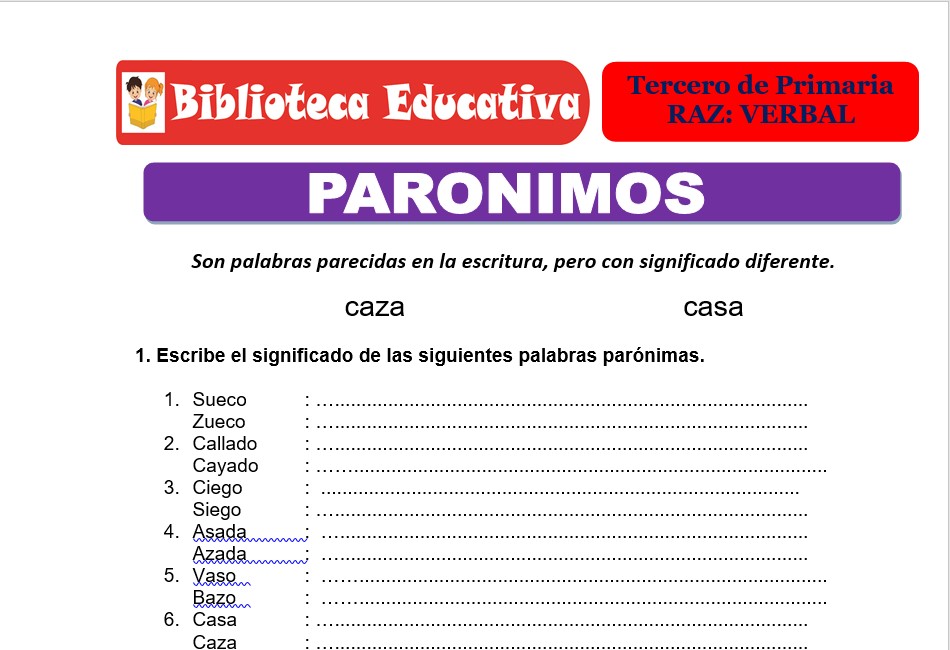 Modelo de la Ficha de Parónimos para Tercero de Primaria