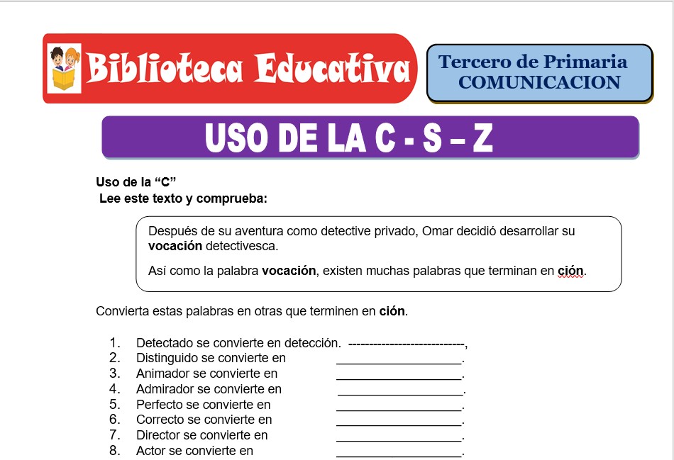 Modelo de la Ficha de Uso de la C - S – Z para Tercero de Primaria