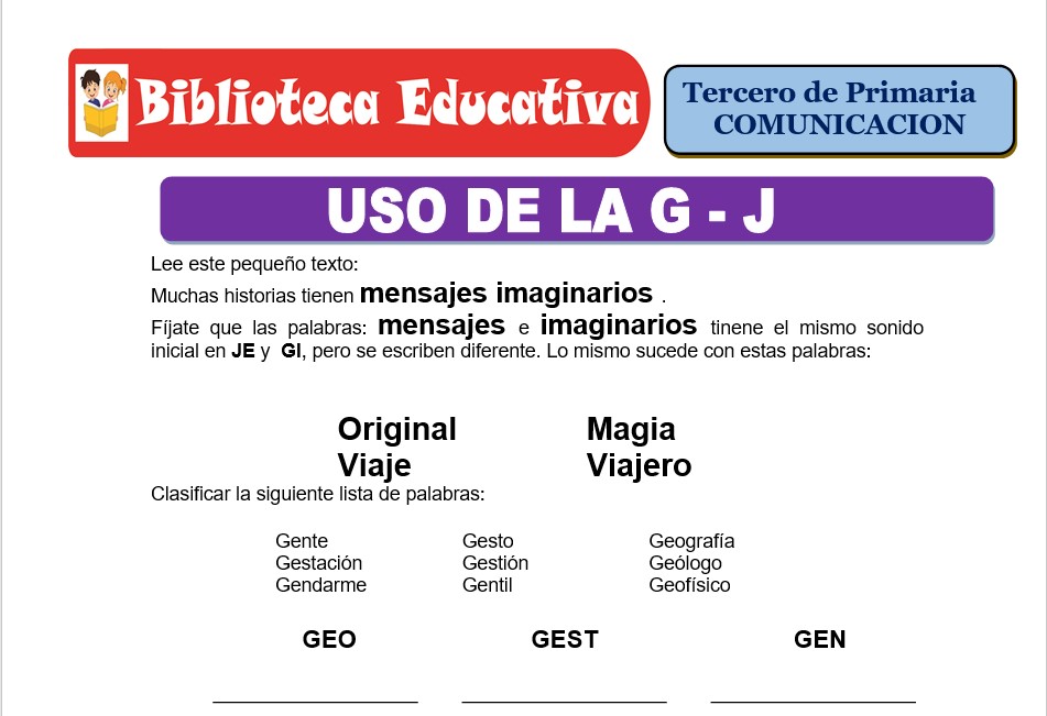 Modelo de la Ficha de Uso de la G - J para Tercero de Primaria