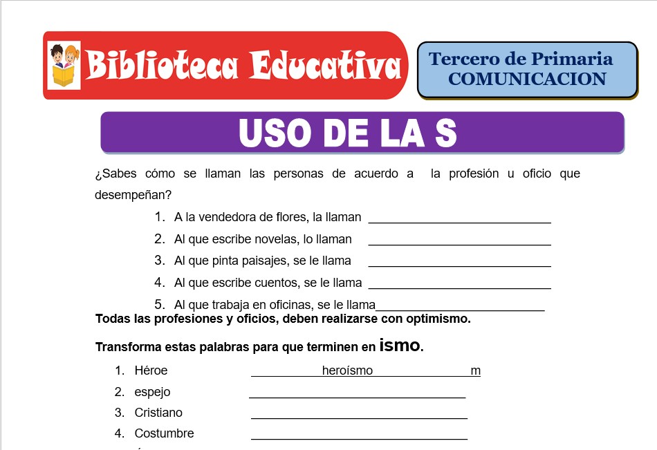 Modelo de la Ficha de Uso de la S para Tercero de Primaria