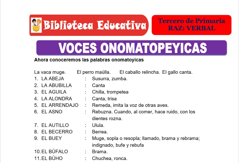 Modelo de la Ficha de Voces onomatopéyicas para Tercero de Primaria